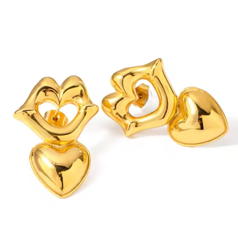 Gold Lip Heart Earrings Vintage Old Money Design Stainless Steel